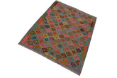 Flat Weave Kilim Antique Navaho Vintage handmade Modern Kilim Grey Pink Hand-Woven Rectangle 100% Wool Area Rug 5x7